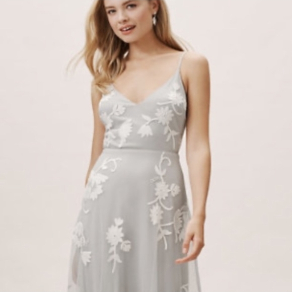 Anthropologie BHLDN Bethany Light Gray Floral Embroidered Dress - Picture 2 of 8